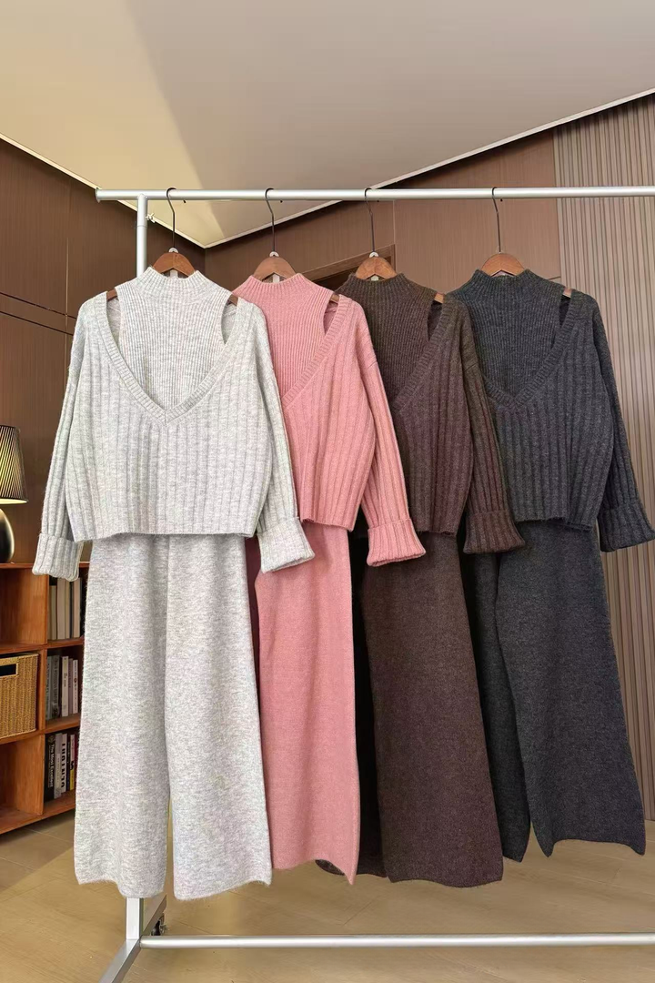 【set】ノースリーブニットトップス×Vネックニットトップス×ワイドパンツ3点セット Q9175