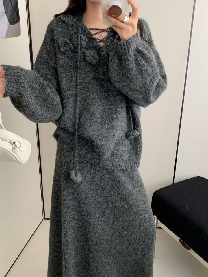 【set】立体フラワー付きニットトップス×ロングスカートセット Q9177