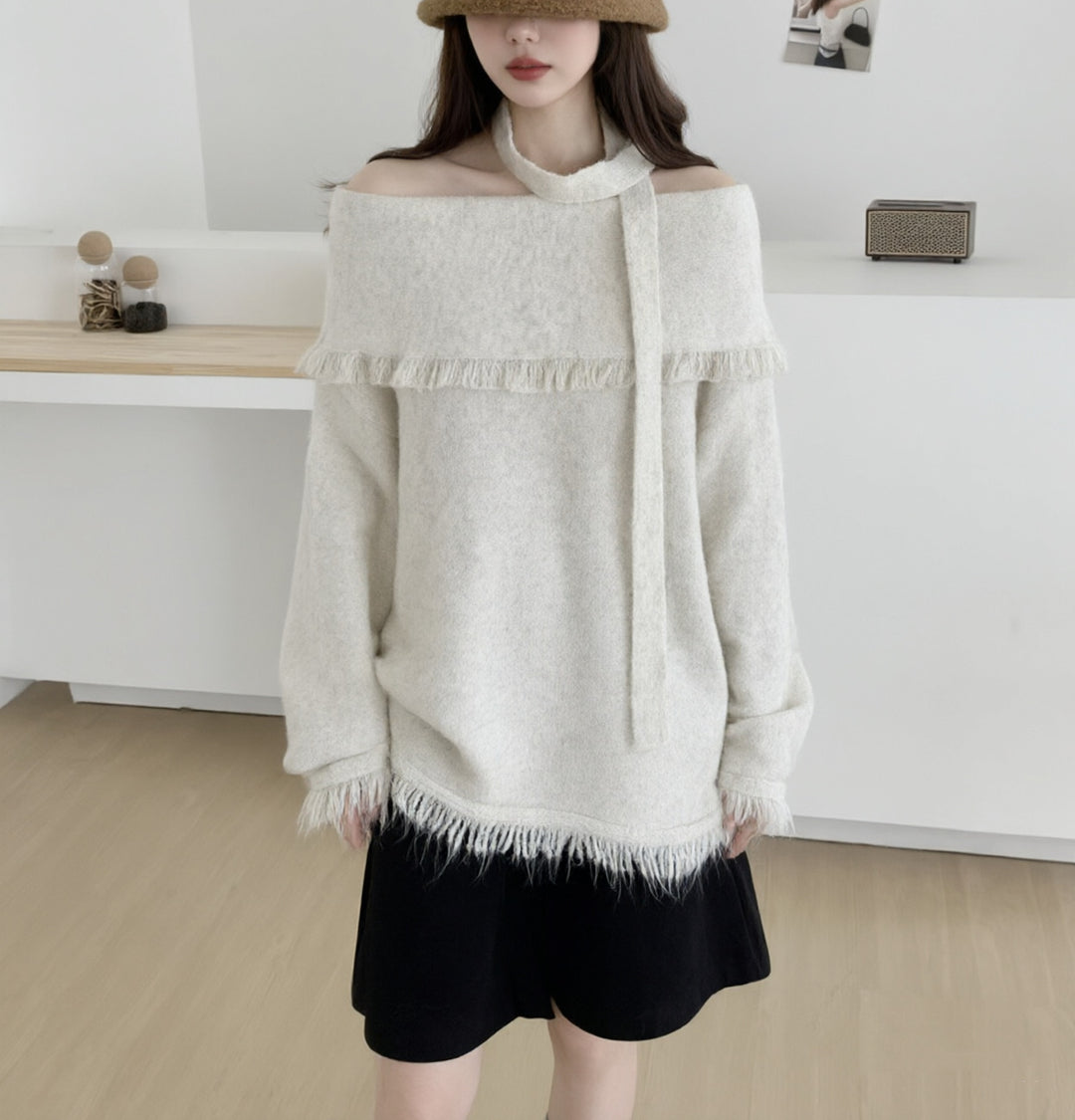 【tops】スカーフ付きオフショルダーニットトップス Q9168