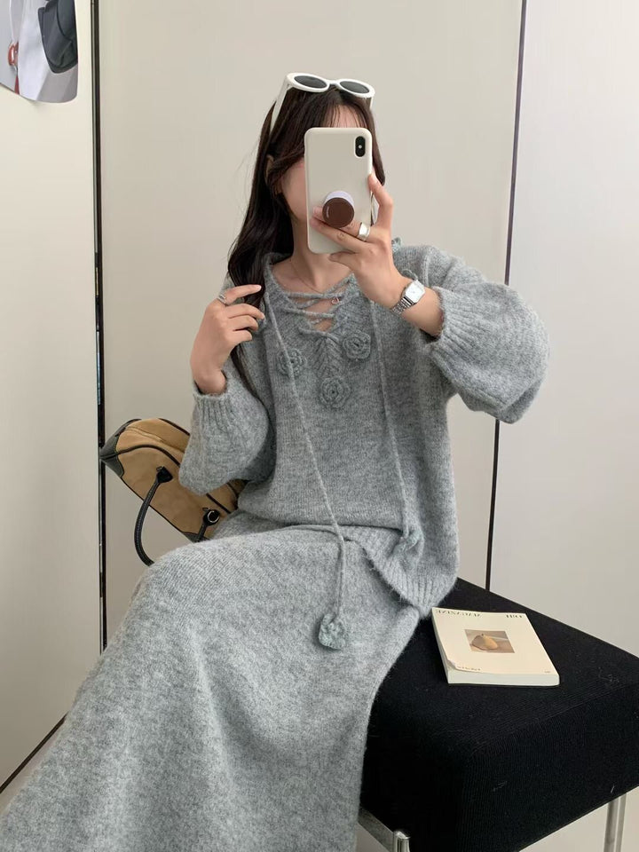 【set】立体フラワー付きニットトップス×ロングスカートセット Q9177
