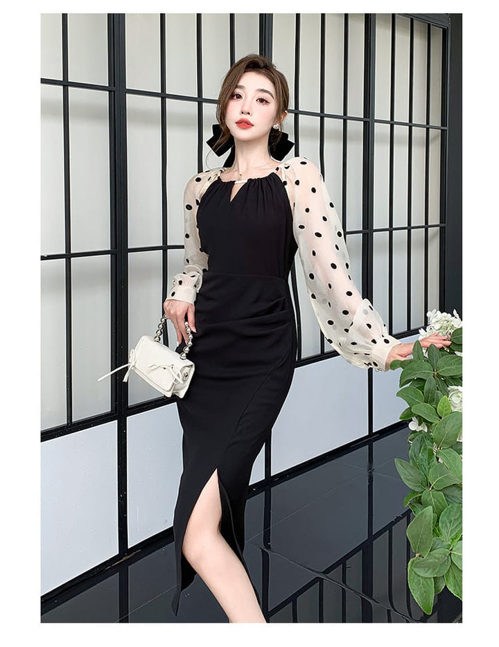 【dress】ドット柄切り替えスリットワンピース　M17714