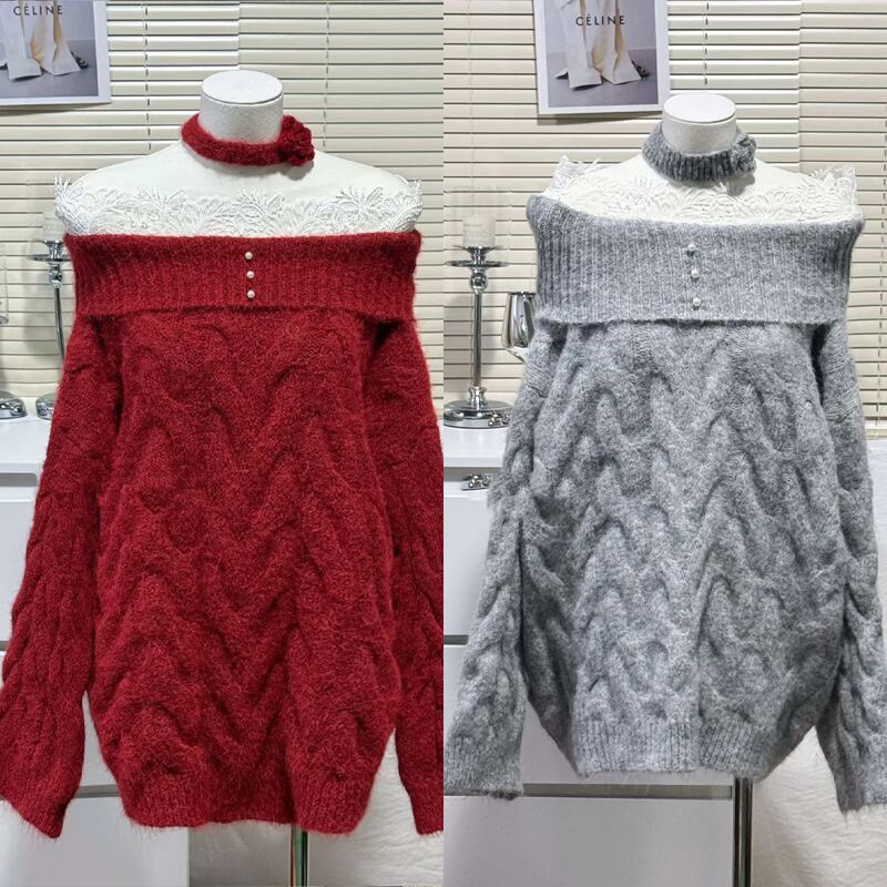 【tops】レースドッキングオフショルダーニットトップス Q7680