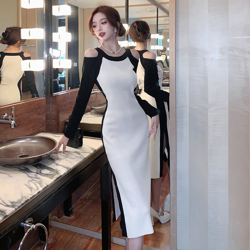 【dress】オフショルダースリットニットワンピース　M17920