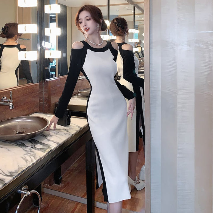 【dress】オフショルダースリットニットワンピース　M17920
