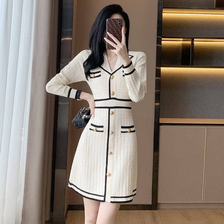 【dress】気質満点 エレガントVネックニットワンピース　M17508