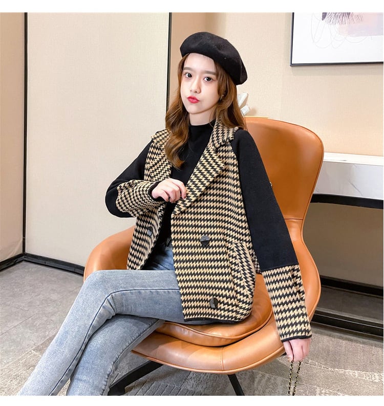 【outer】千鳥格子ドッキングニットコート　M18143