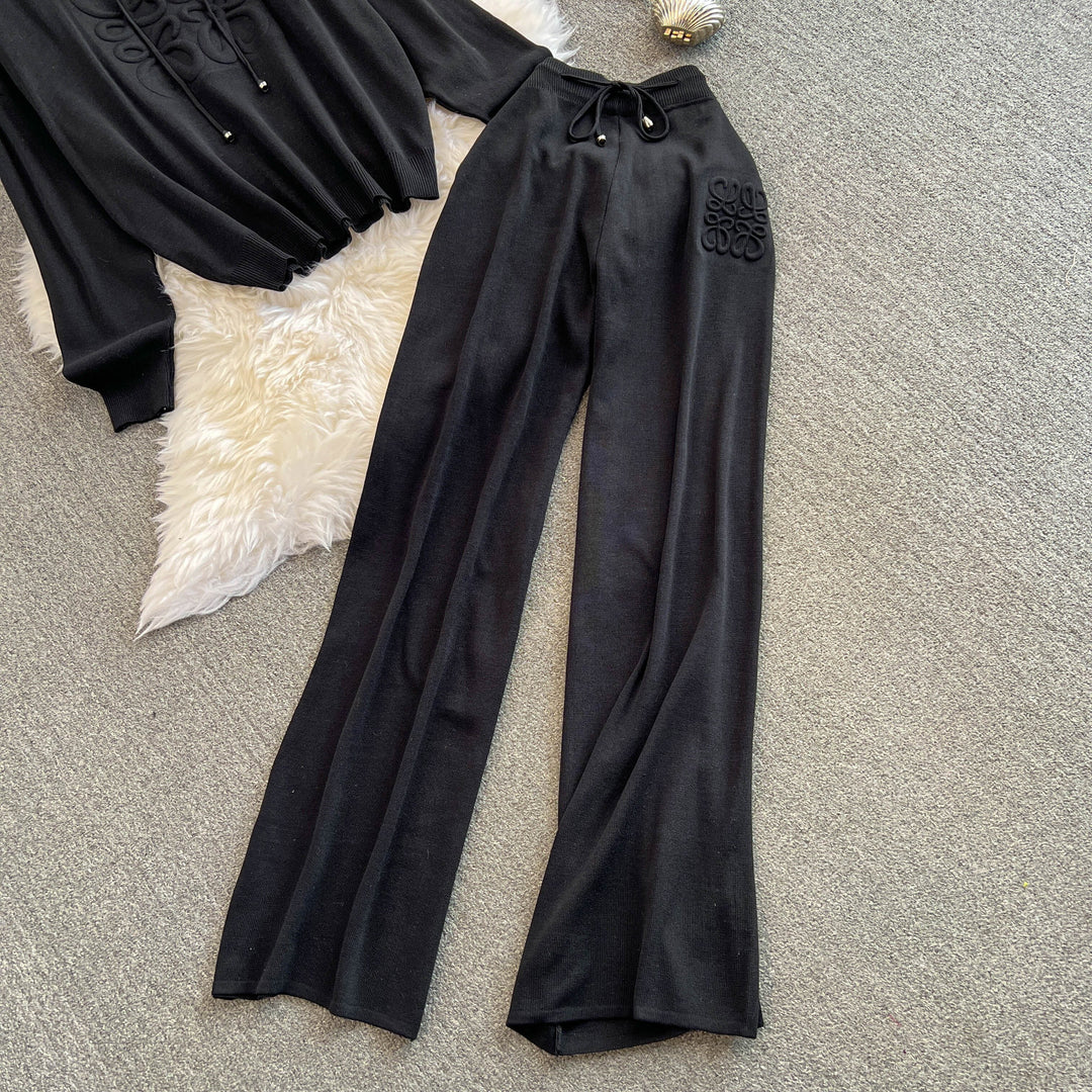 【set】フード付きニットトップス×ワイドパンツセット　N2722