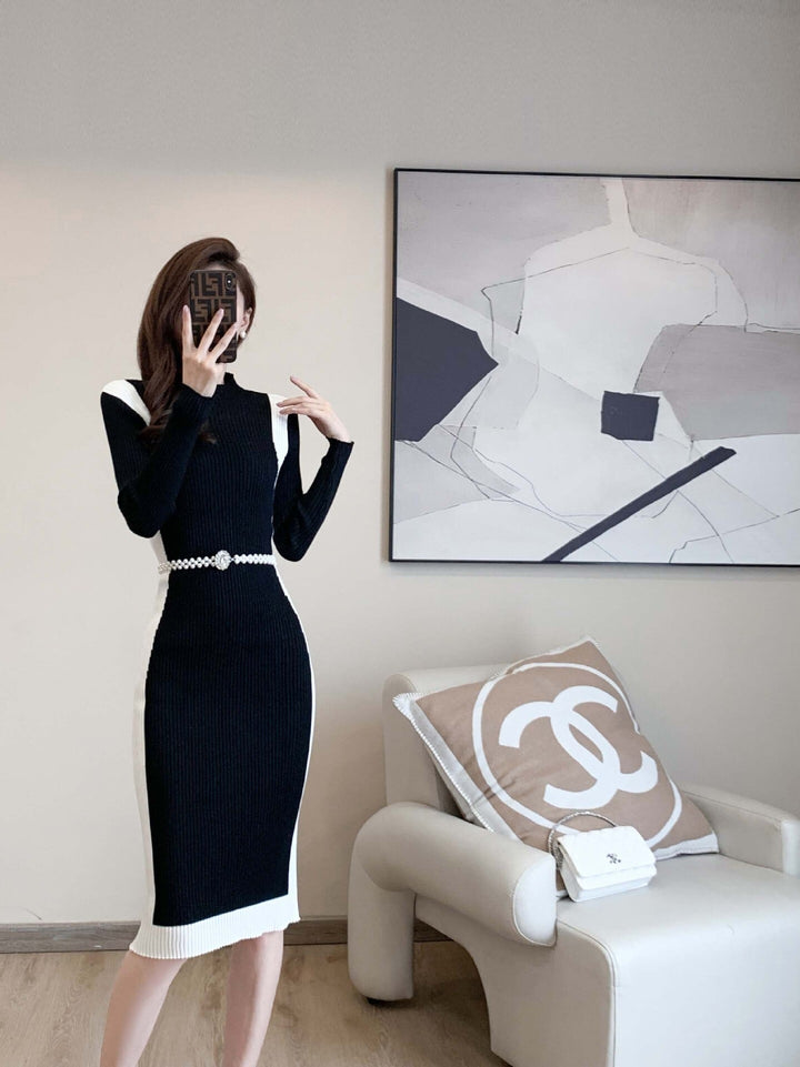 【dress】配色切り替えニットワンピースベルト付き　M17676