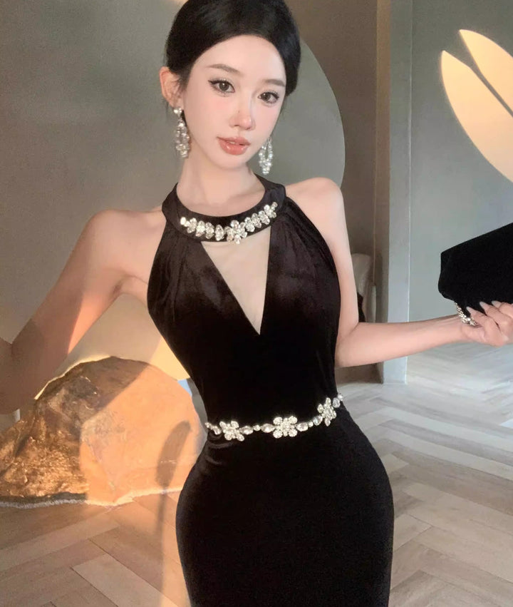 【dress】ノースリーブベルベットワンピース Q7886