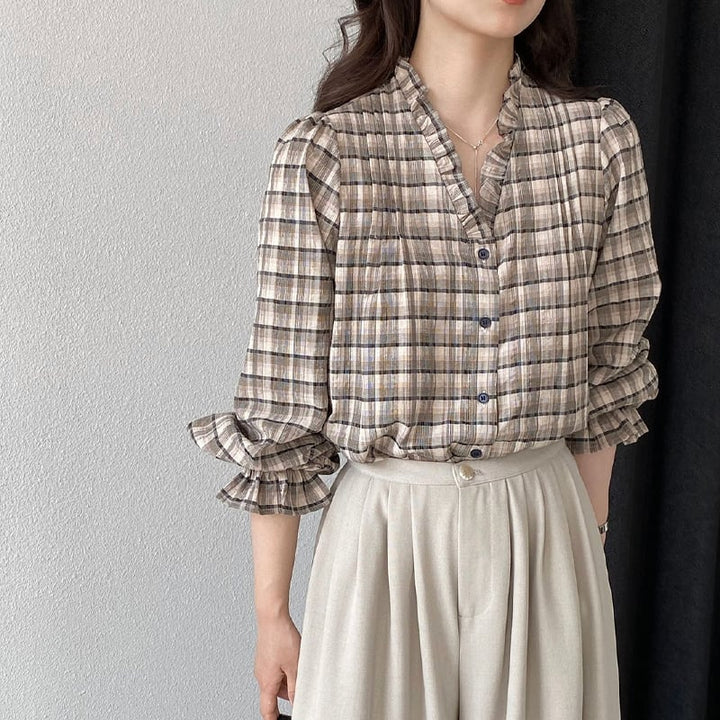 【tops】ギャザーフリル付きチェック柄トップス Q8281