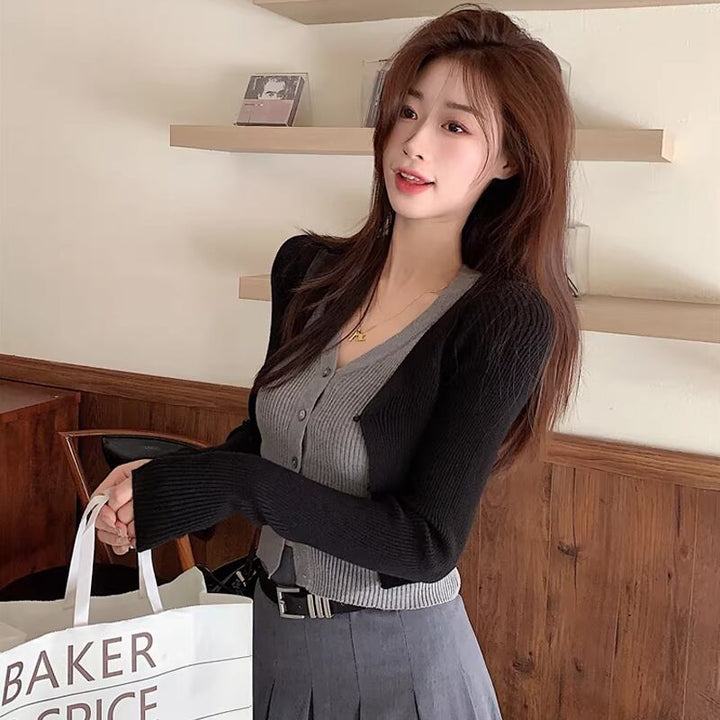 【tops】フェイクレイヤードニットトップス Q8150