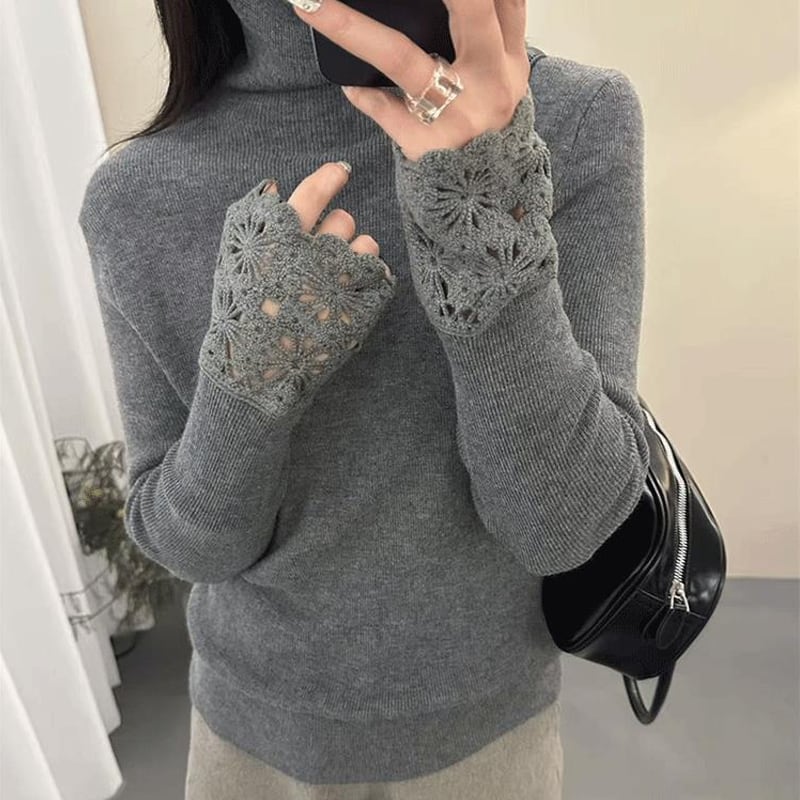 【tops】ハイネックカットワークニットトップス Q7654
