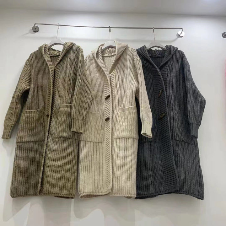 【outer】フード付きボタンロング丈ニットカーデ　M17845