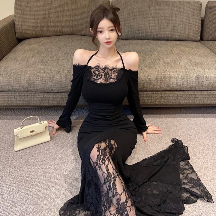 【dress】ホルターネックレースドッキングワンピース Q7884