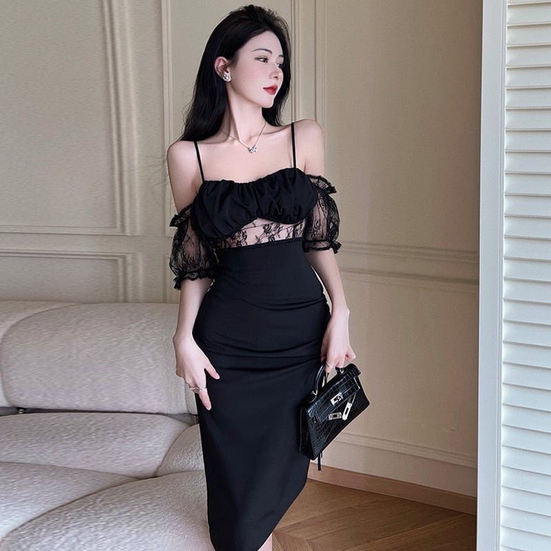 【dress】韓国系セクシーレース切り替えキャミワンピース　M17058