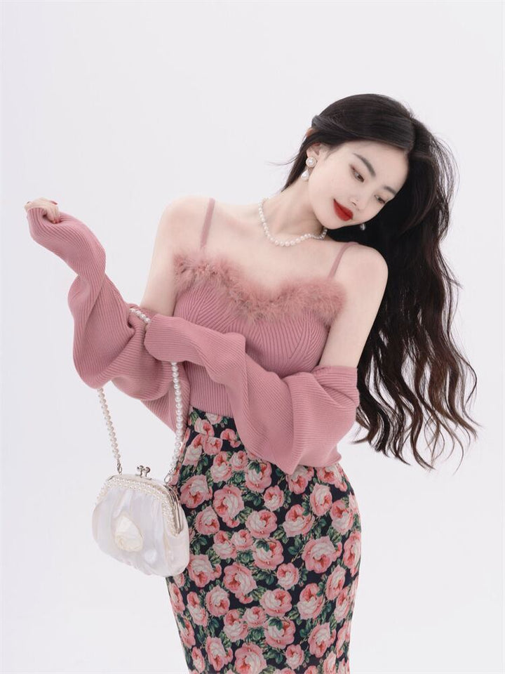 【tops】フェイクファーキャミソール×カーディガンセット　N2128