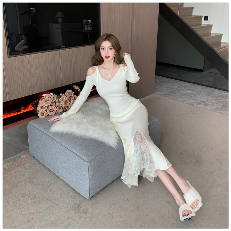 【dress】レースドッキングニットワンピース　M26551