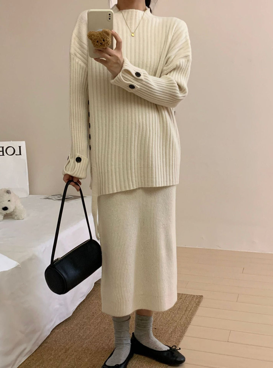 【set】ボタンデザインニットセーター+スカートセット　M18103