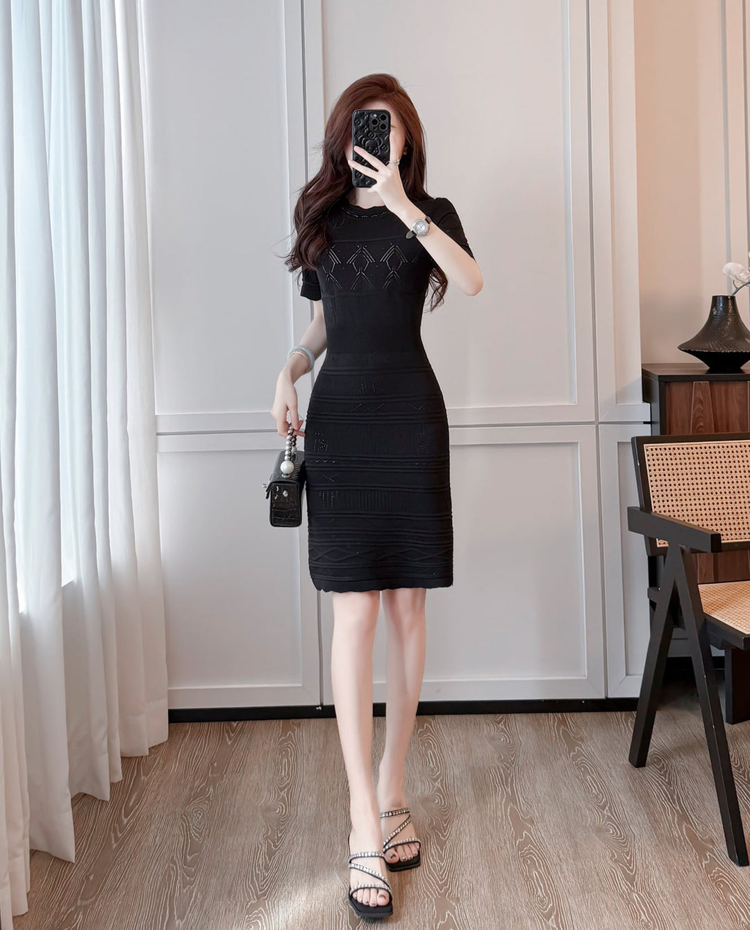 【dress】半袖透かし編みニットワンピース Q8492