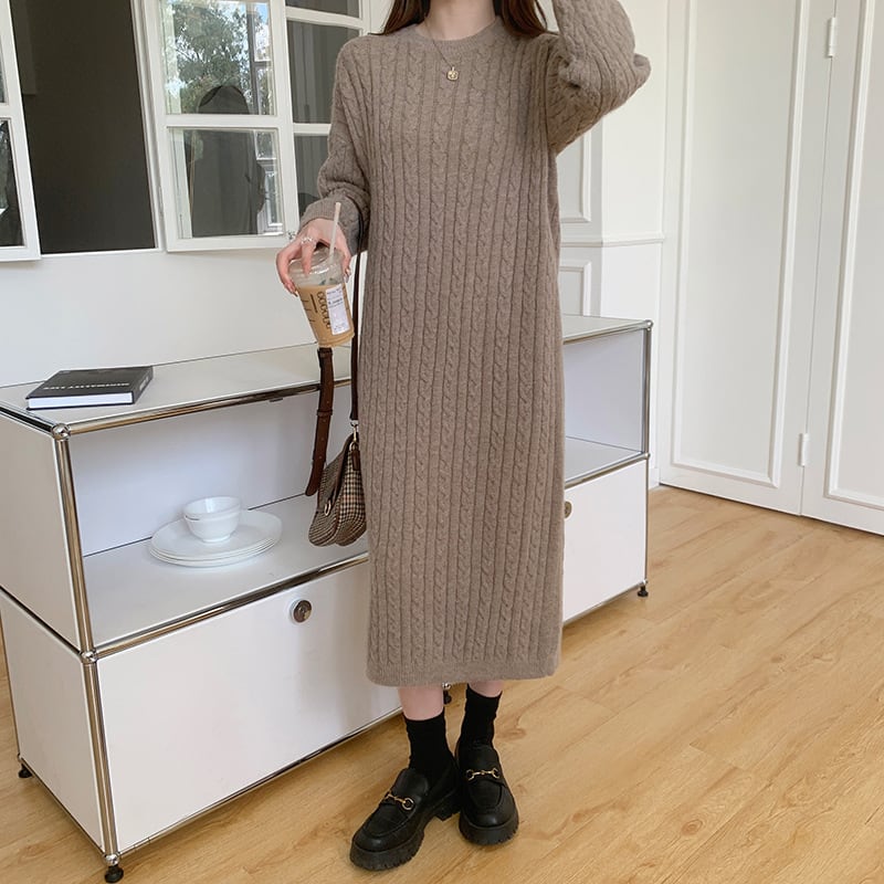 【dress】韓国系無地ニットワンピース着心地良い　M17658