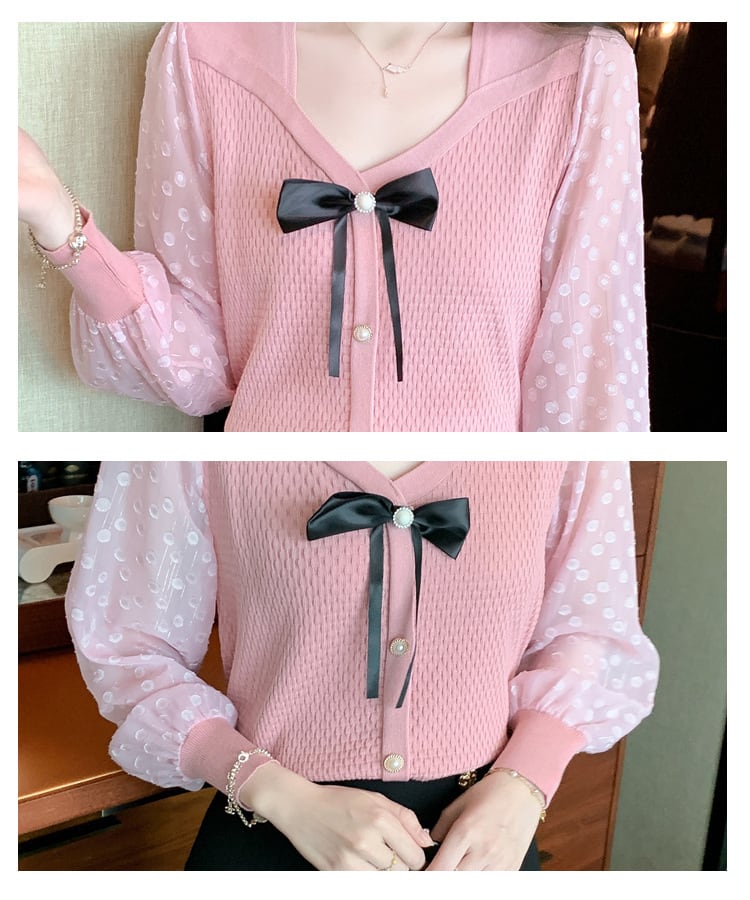 【tops】絶対欲しいエレガントリボン付きシャツトップス　M17415