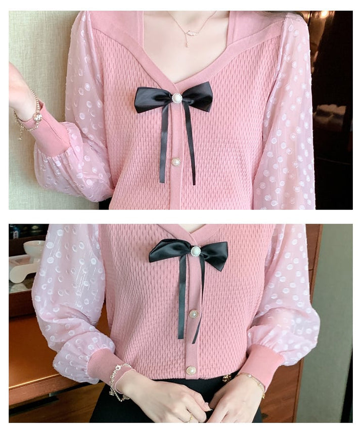 【tops】絶対欲しいエレガントリボン付きシャツトップス　M17415