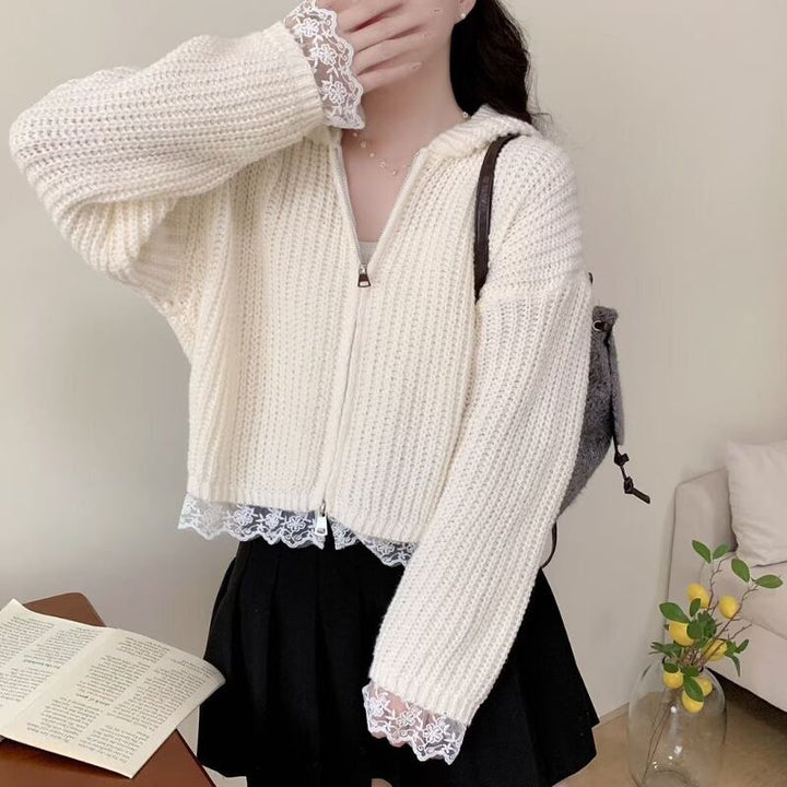 【outer】フード付きレースドッキングニットカーディガン Q7433