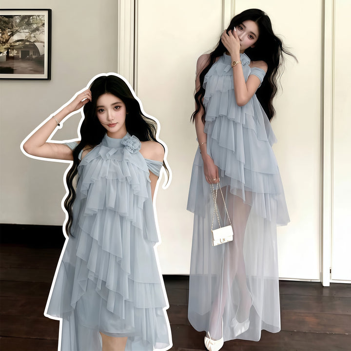 【set】チュールティアードミニワンピース×ロングスカートセット     N3583