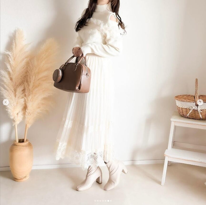 【tops】オフショルダーチュールドッキングニットセーター　M27584