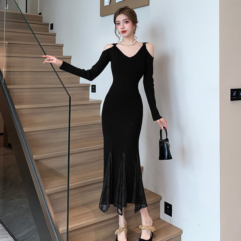 【dress】レースドッキングニットワンピース　M26551