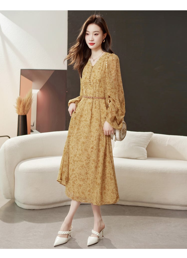 【dress】輝いて超人気 ! Vネック花柄ワンピースベルト付き　M17029