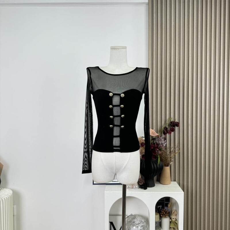 【tops】透け感チュールドッキングニットトップス Q7956