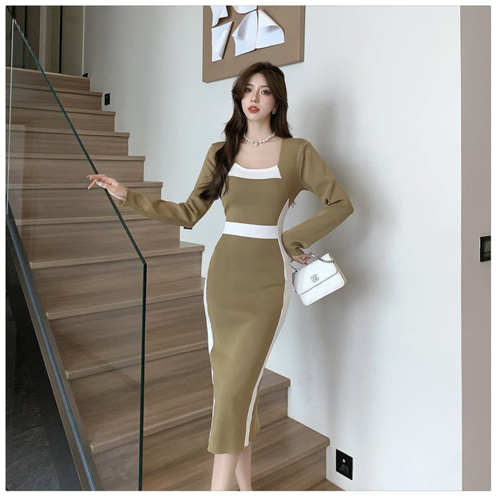 【dress】早い者勝ち切り替えニットワンピース着瘦せ　M17510