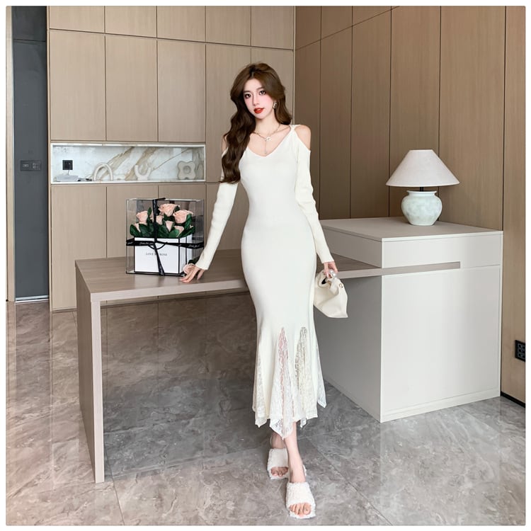 【dress】レースドッキングニットワンピース　M26551