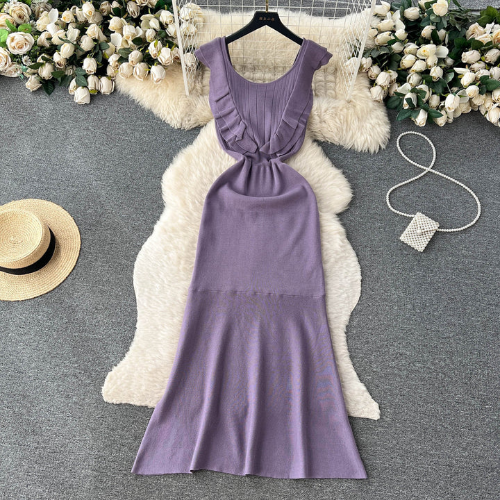 【dress】おしゃれ！フリル薄手ニットワンピース着瘦せ　M16865