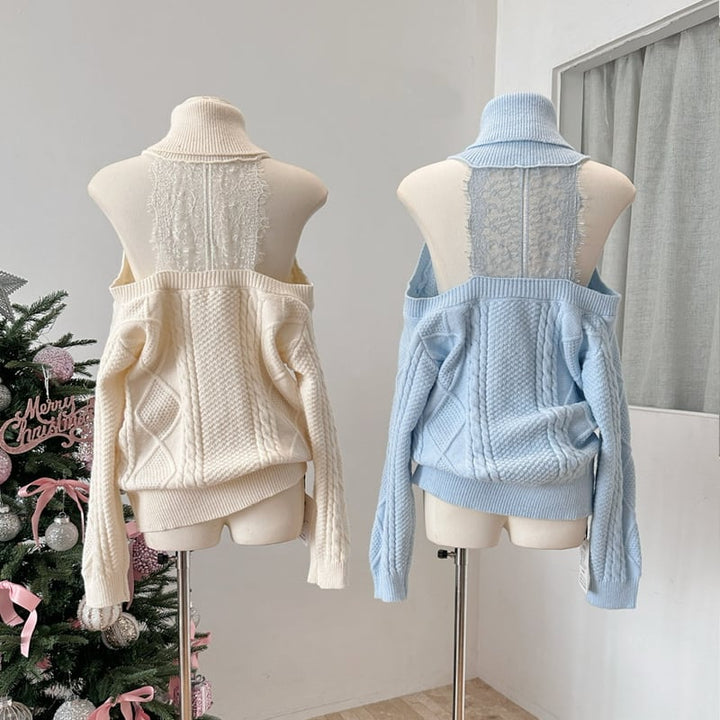 【tops】ハイネックレースドッキングニットトップス Q7630