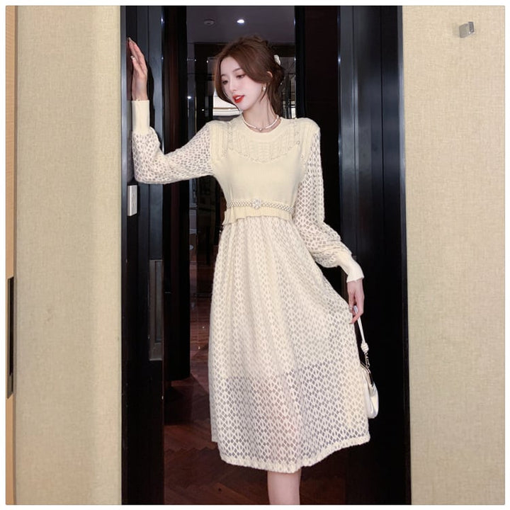 【dress】レースドッキングニットワンピース　M18431