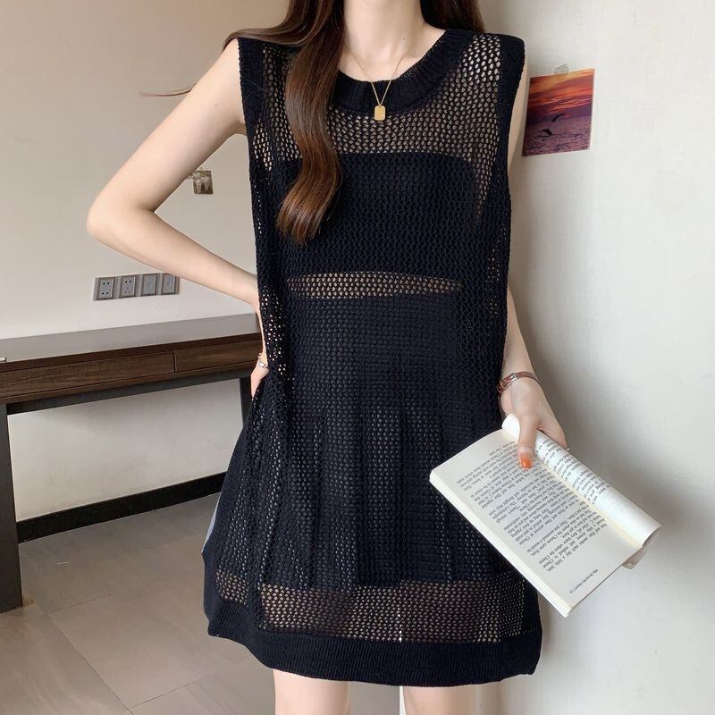 【tops】透け感ロングニットベスト Q8236