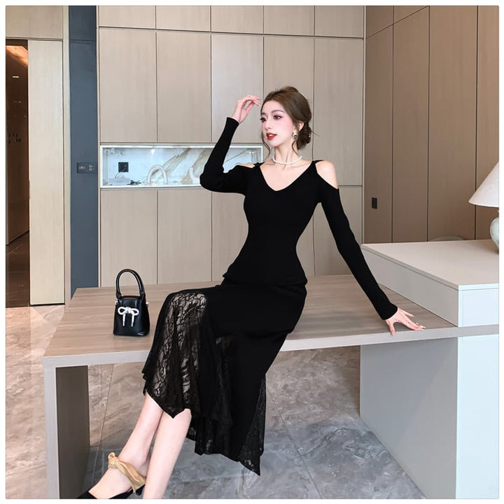 【dress】レースドッキングニットワンピース　M26551