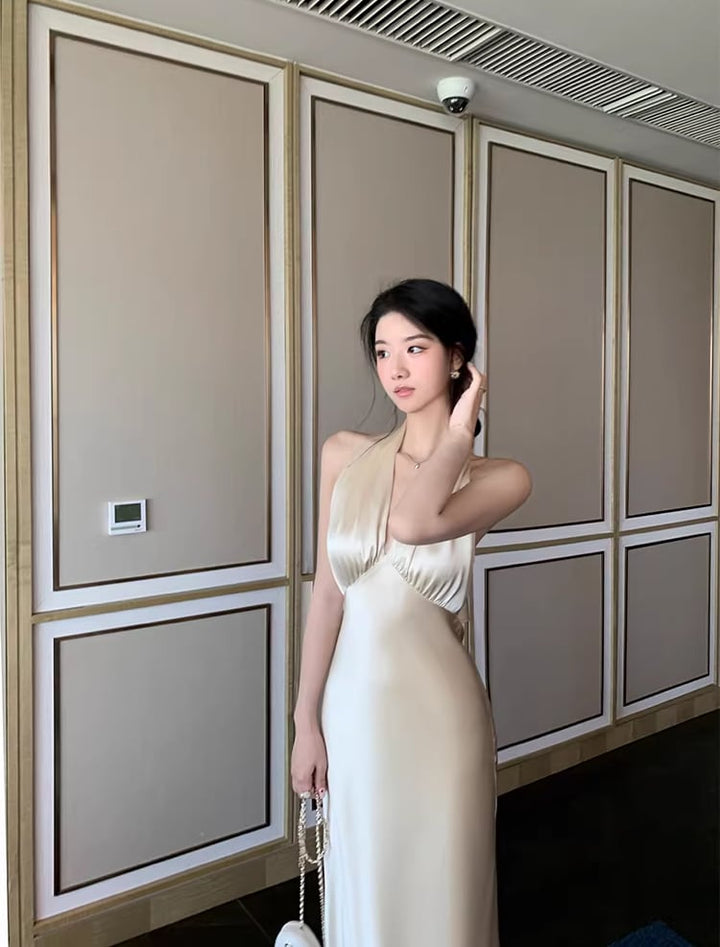 【dress】ノースリーブホルターネックロングワンピース Q7992