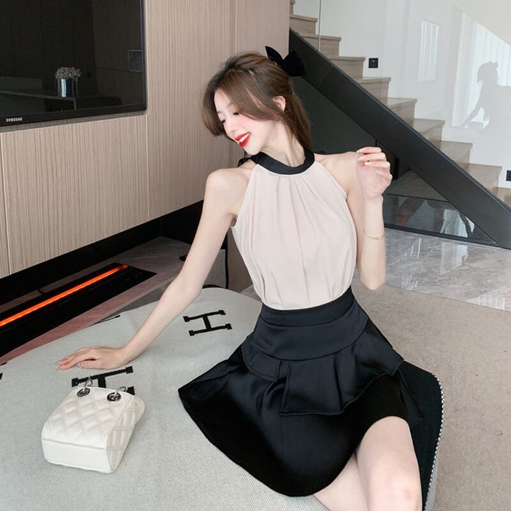 【set】リボン付きノースリーブトップス×ティアードスカートセット Q8354