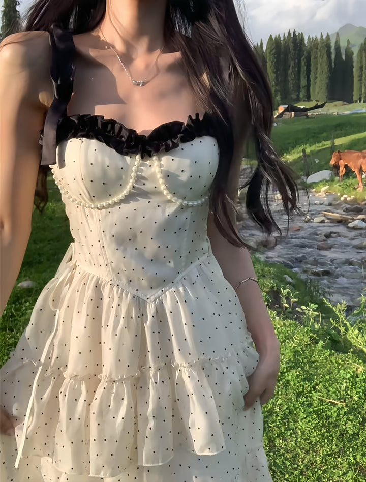 【dress】ショルダーリボンドット柄ワンピース　M32122