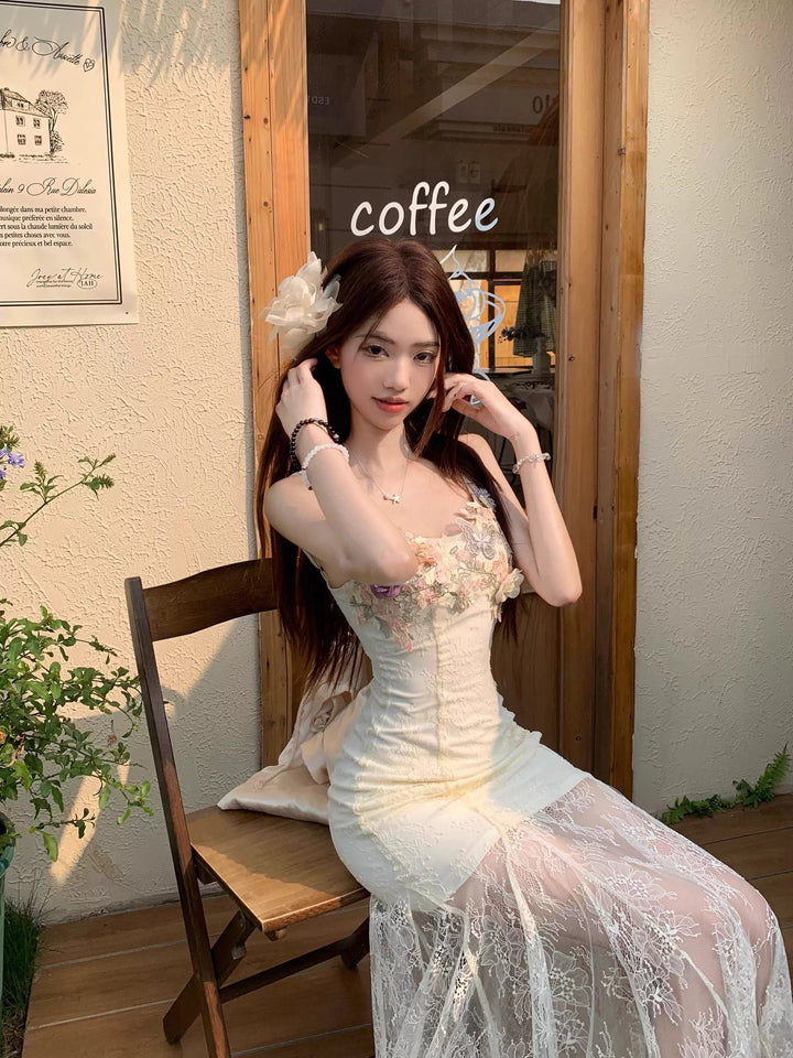 【dress】フラワー付きチュールドッキングロングキャミワンピース Q8259