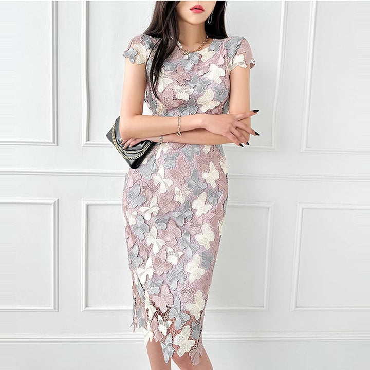 【dress】ノースリーブレース蝶柄ワンピース Q8426