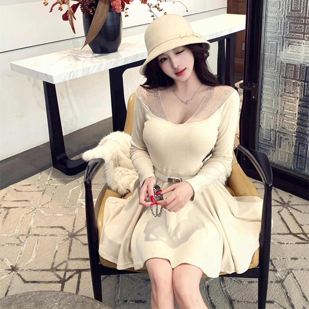 【dress】ラインストーンチュールニットミニワンピース　N3508