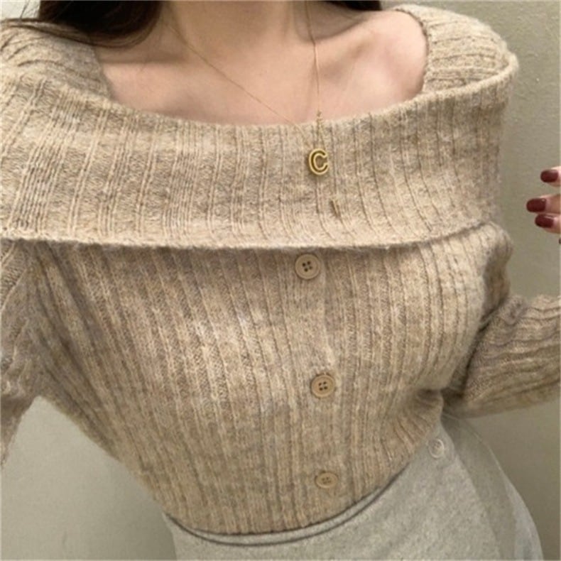 【outer】ボタンデザインニットボートネックトップス　M17701