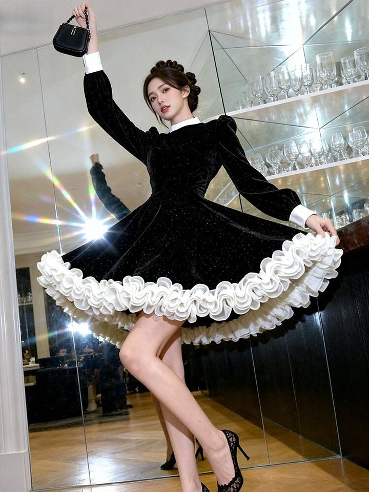 【dress】ギャザーフリルベルベットワンピース Q7573