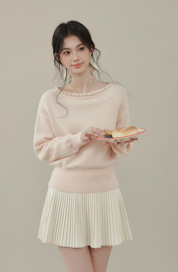 【tops】パール付きニットトップス Q7593