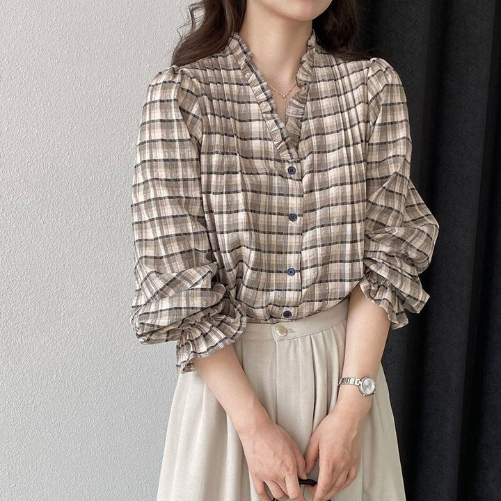 【tops】ギャザーフリル付きチェック柄トップス Q8281