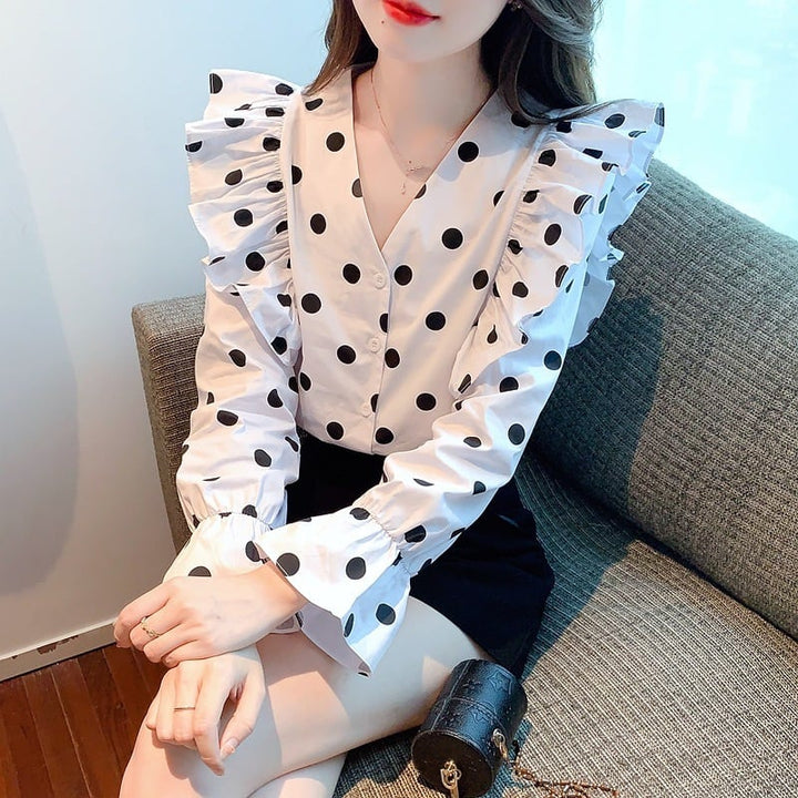 【tops】今季マストバイVネックドット柄シャツトップス　M17151